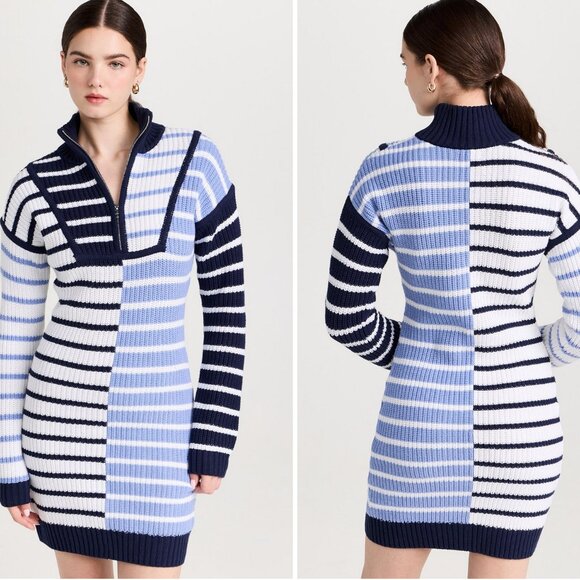 NEW STAUD Mini Hampton Dress - Adriatic Stripe Navy Blue White Knit Causal - Picture 2 of 8